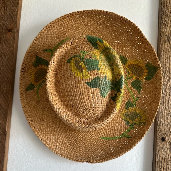 VINTAGE GORGEOUS Hand Painted Sunflower Straw Summer Hat - Picture 15 of 16